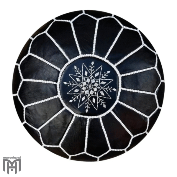 Round Black Moroccan Leather Pouf with White Stitching – Handcrafted 21″ Ottoman
