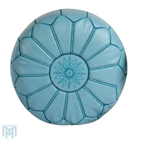 Round Sky Blue Moroccan Leather Pouf Ottoman