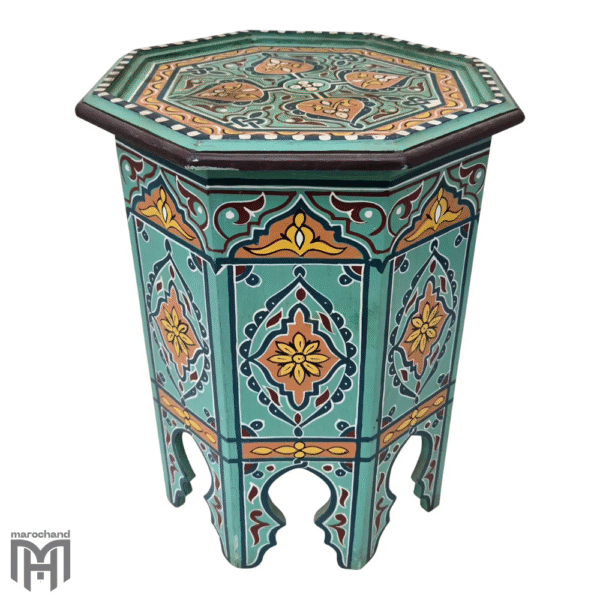 Moroccan Hexagonal Hand Painted Wooden Side Table / Turquoise Zouak 