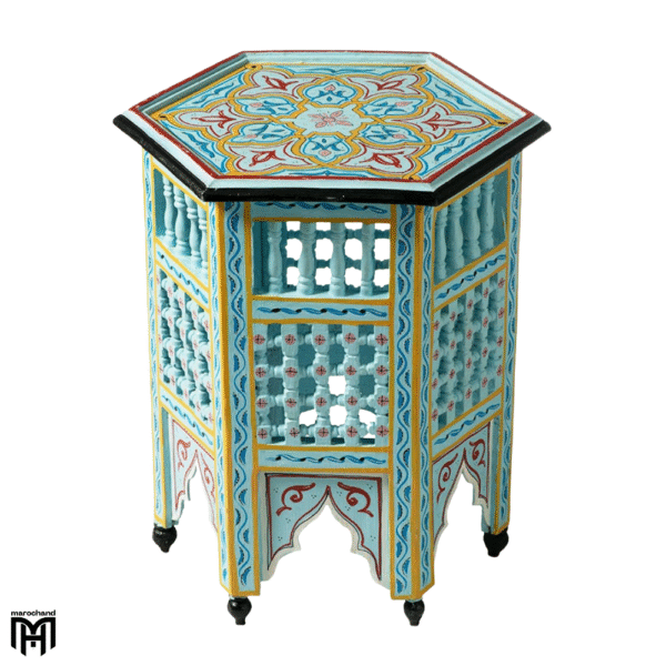 Wood Coffee Table | Moroccan Light Blue Hexagonal Table - Natural Wood