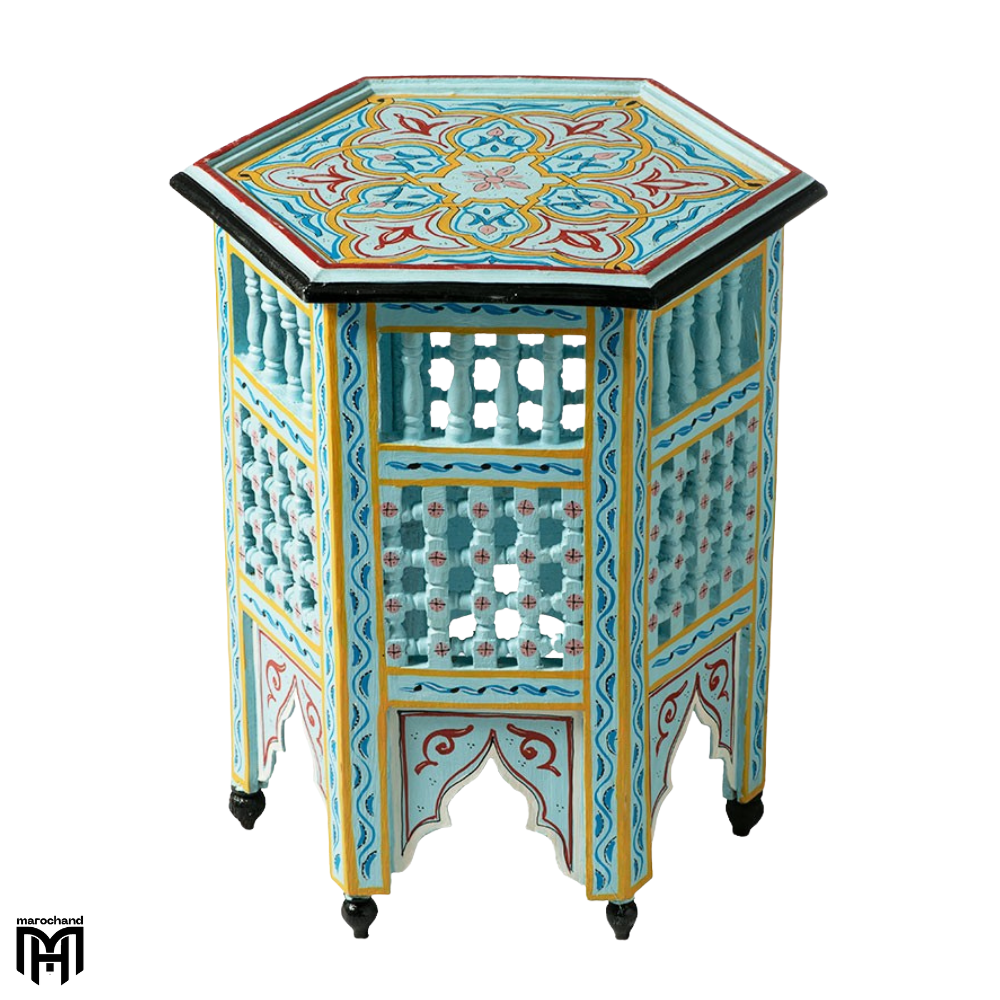 Wood Coffee Table | Moroccan Light Blue Hexagonal Table - Natural Wood