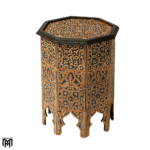 Moroccan Octagonal Table with Henna Drawings Hand-Painted Natural Wood Art Piece