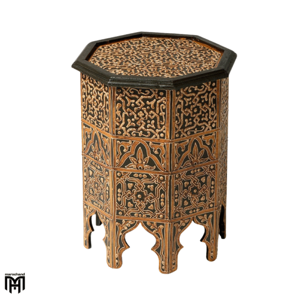 Moroccan Octagonal Table with Henna Drawings Hand-Painted Natural Wood Art Piece