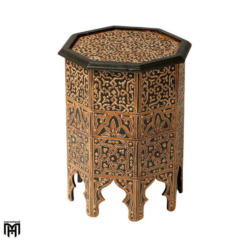 Moroccan Octagonal Table with Henna Drawings Hand-Painted Natural Wood Art Piece