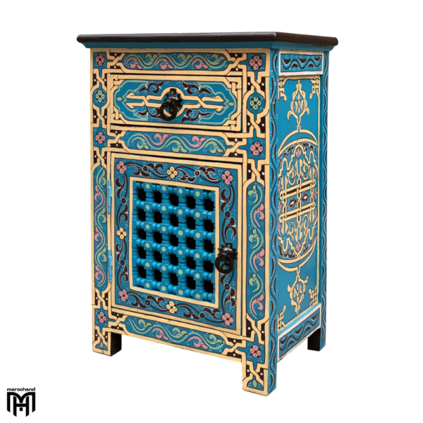 Moroccan Oriental Blue Bedside Table - Nature Wood Nightstand with Drawers