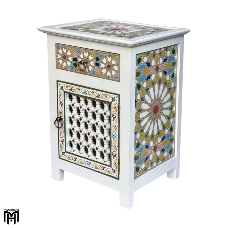 Moroccan Oriental White Bedside Table - Hand-Painted Nature Wood Nightstand