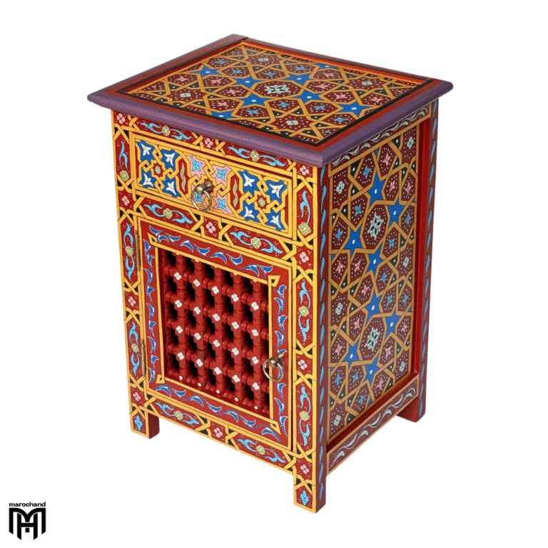 Moroccan Oriental Red & Yellow Bedside Table - Nature Wood Nightstand