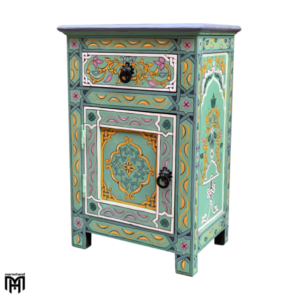Moroccan Oriental Green Bedside Table - Handmade Nature Wood Nightstand