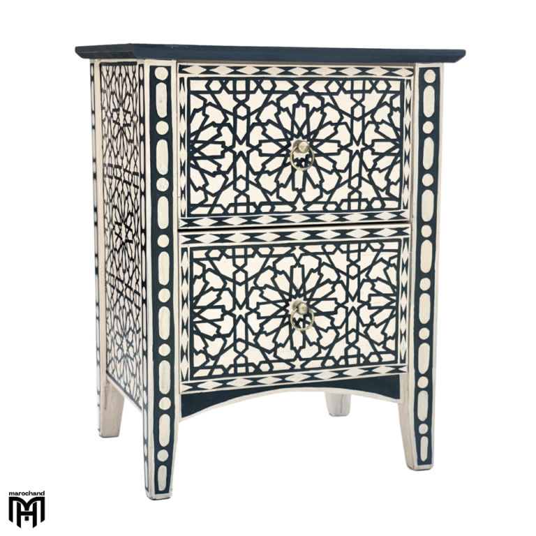 Moroccan Oriental Cream-White & Black Bedside Table - Handmade Wood Nightstand