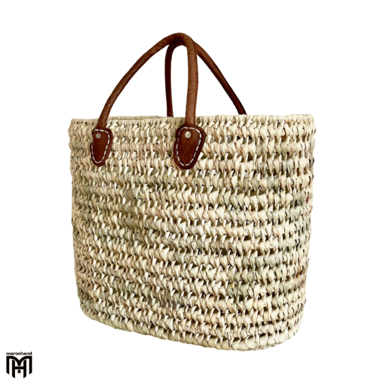LARA Moroccan Palm Leaf Tote Bag with Leather Handle - Unisex Vintage Boho Bag
