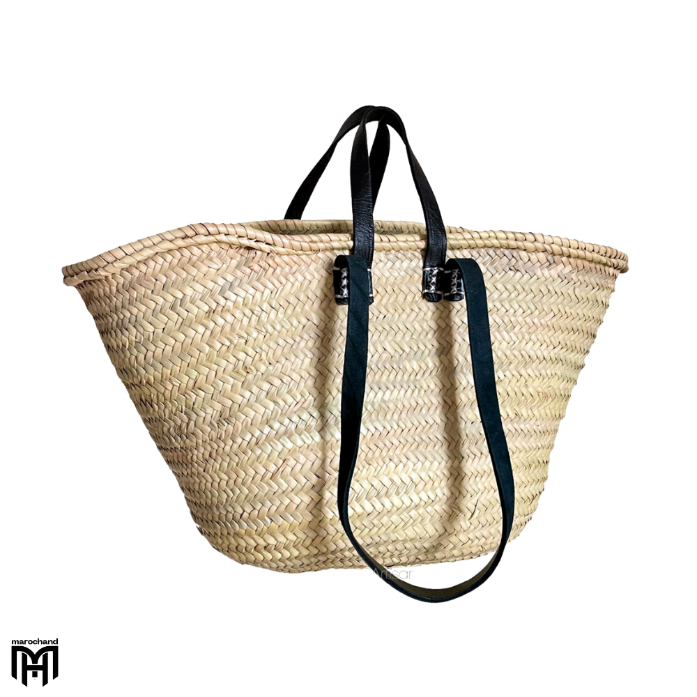 Moroccan Basket Bag with Black Leather Handles & Straps - Boho Tote & Shoulder Bag