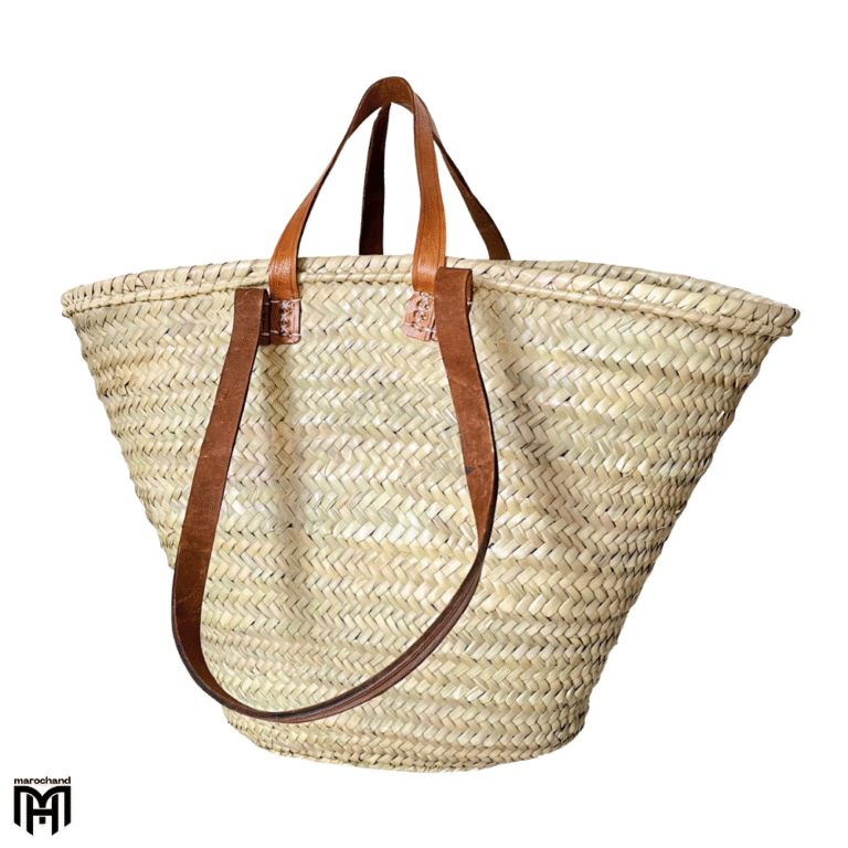 Moroccan Basket Bag with Brown Leather Handles & Straps - Boho Tote & Shoulder Bag
