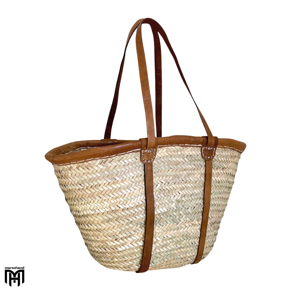 Moroccan Basket Bag with Light Brown Leather Straps - Boho Crossbody & Shoulder Bag