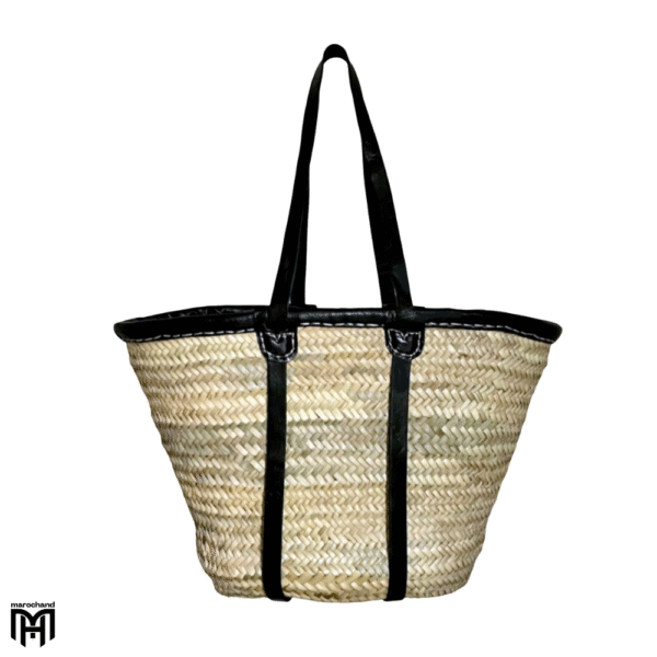 Moroccan Basket Tote Bag with Black Leather Strap - Boho Crossbody & Shoulder Bag