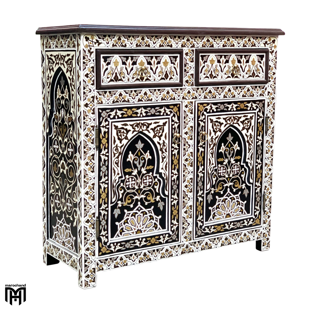 Moroccan Hand-Painted Chest of Drawers HAMIDOU-K - Nature Wood Tall Narrow Dresser