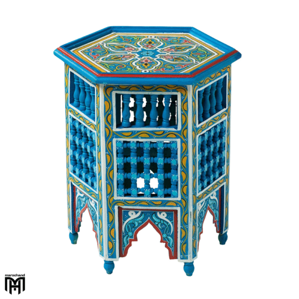 Wood Coffee Table | Moroccan Blue Hexagonal Natural Wood Table