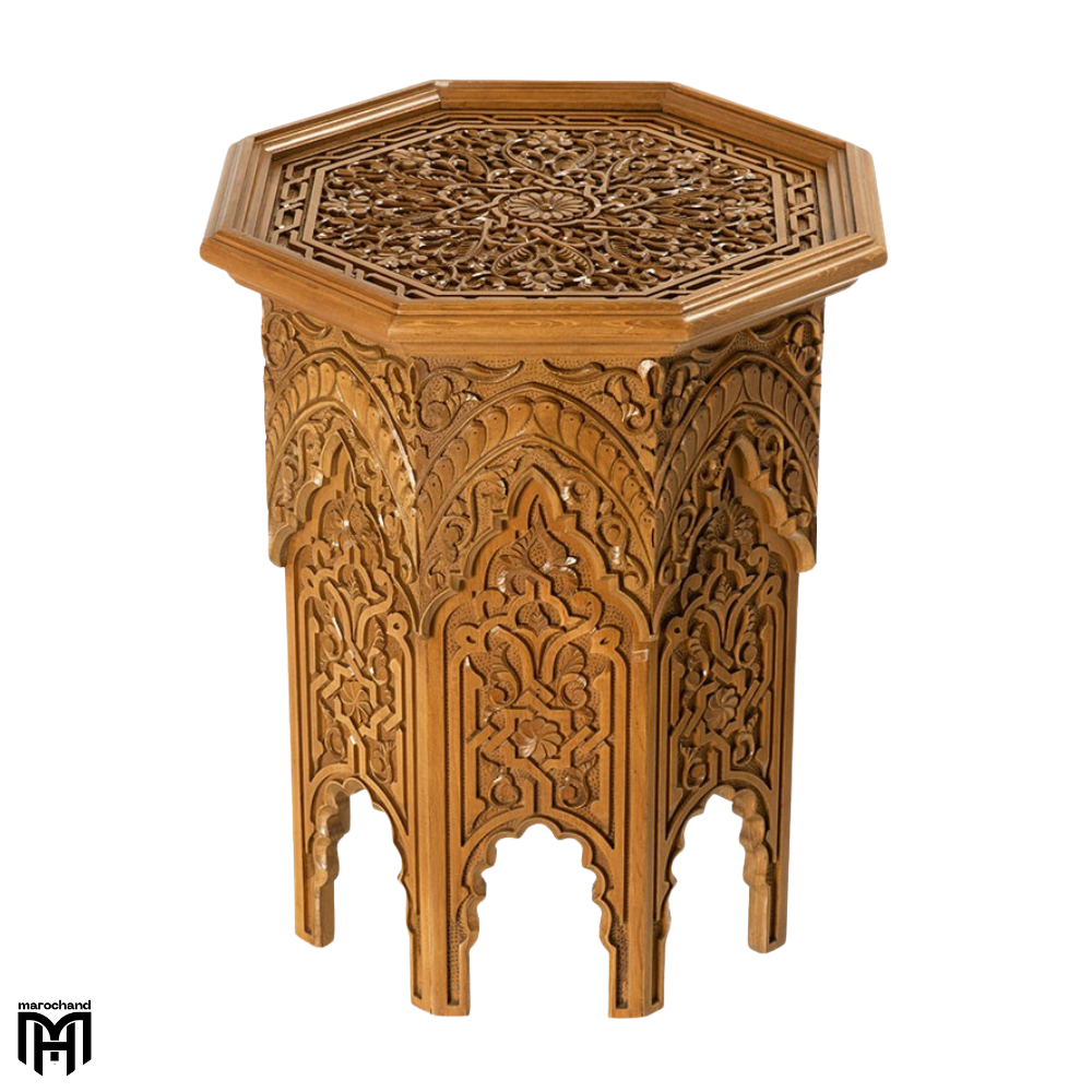 Wood Coffee Table | Moroccan Carved Octagonal Table - Natural Wood