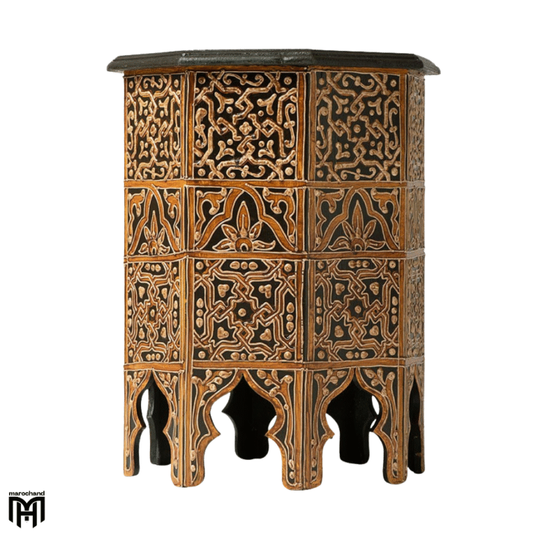 Moroccan Octagonal Table with Henna Drawings Hand-Painted Natural Wood Art Piece