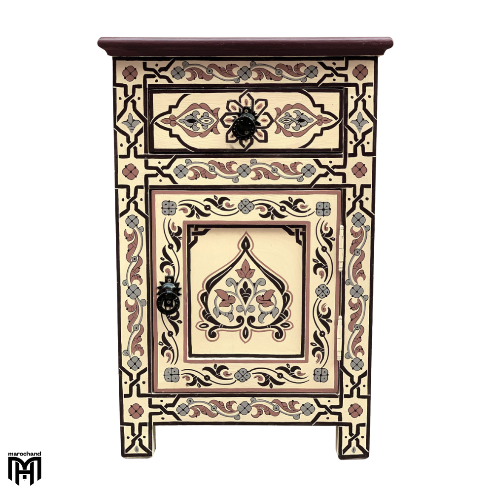 Moroccan Oriental Bedside Table in Nature Wood | Vintage Nightstand with Drawers