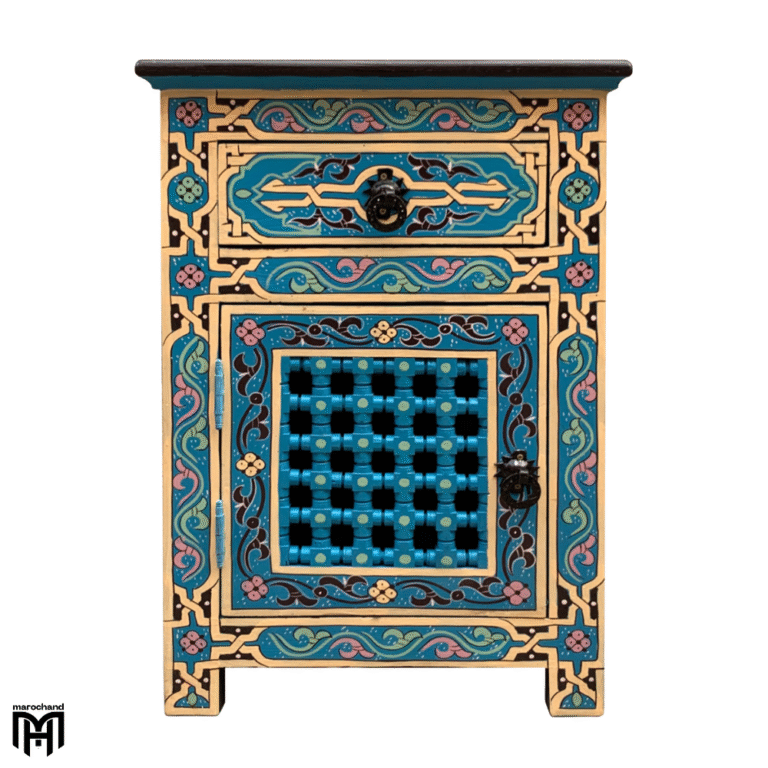 Moroccan Oriental Blue Bedside Table - Nature Wood Nightstand with Drawers