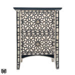 Moroccan Oriental Cream-White & Black Bedside Table - Handmade Wood Nightstand