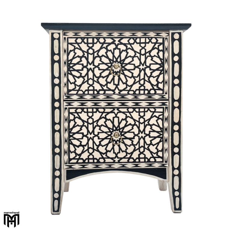 Moroccan Oriental Cream-White & Black Bedside Table - Handmade Wood Nightstand