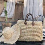 LARA Moroccan Palm Leaf Tote Bag with Leather Handle - Unisex Vintage Boho Bag