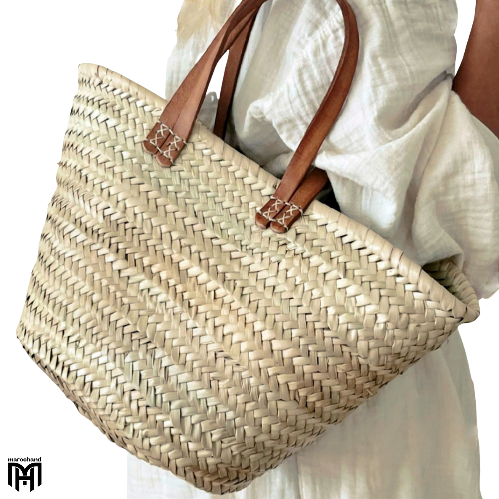 Moroccan Basket Bag with Brown Leather Handles & Straps - Boho Tote & Shoulder Bag