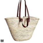 Moroccan Basket Bag with Dark Brown Leather Handles & Straps - Boho Tote & Shoulder Bag