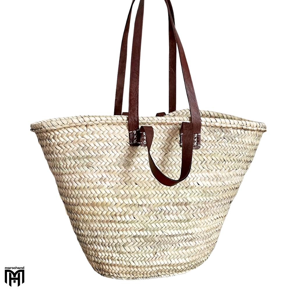 Moroccan Basket Bag with Dark Brown Leather Handles & Straps - Boho Tote & Shoulder Bag