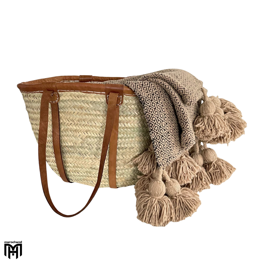 Moroccan Basket Bag with Light Brown Leather Straps - Boho Crossbody & Shoulder Bag