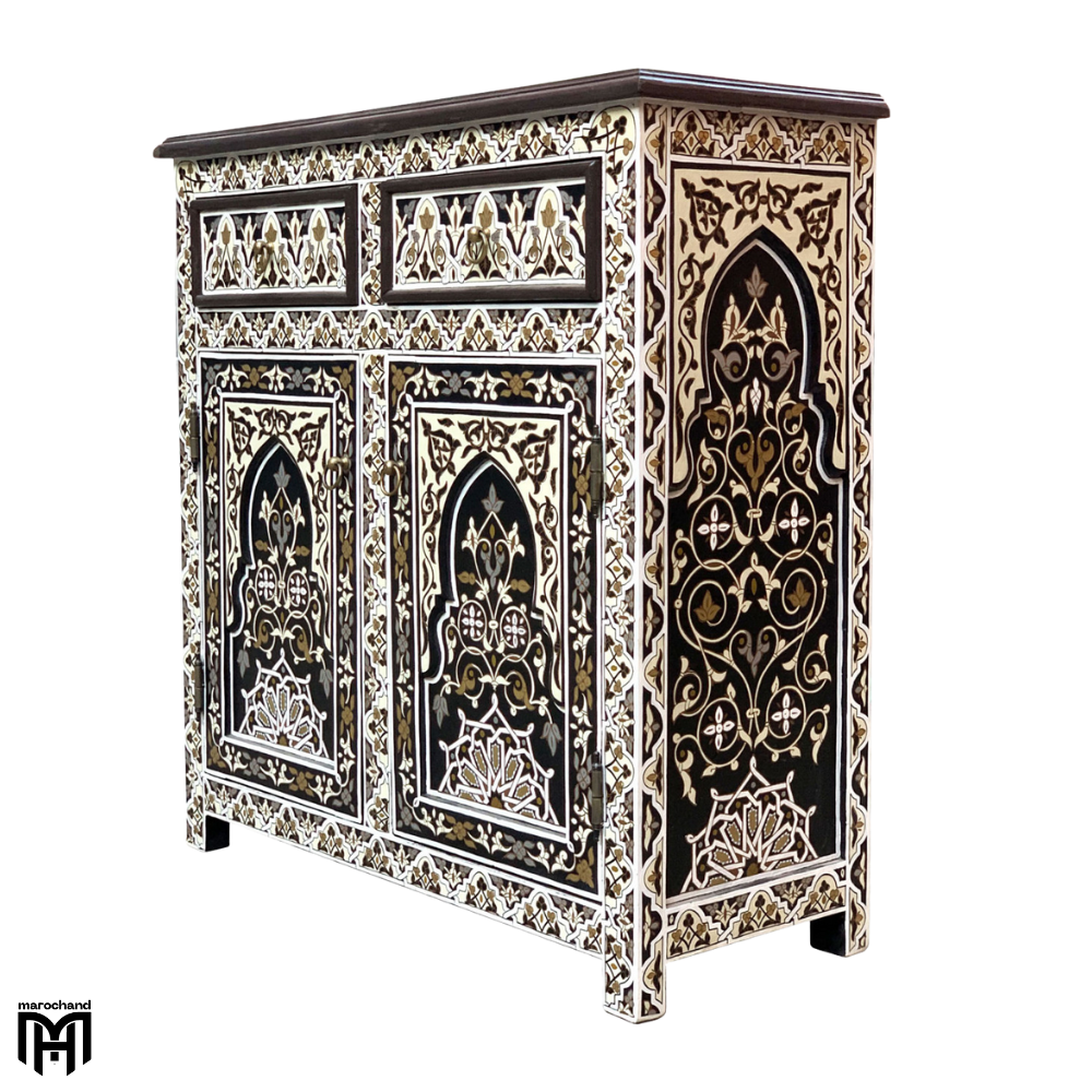 Moroccan Hand-Painted Chest of Drawers HAMIDOU-K - Nature Wood Tall Narrow Dresser