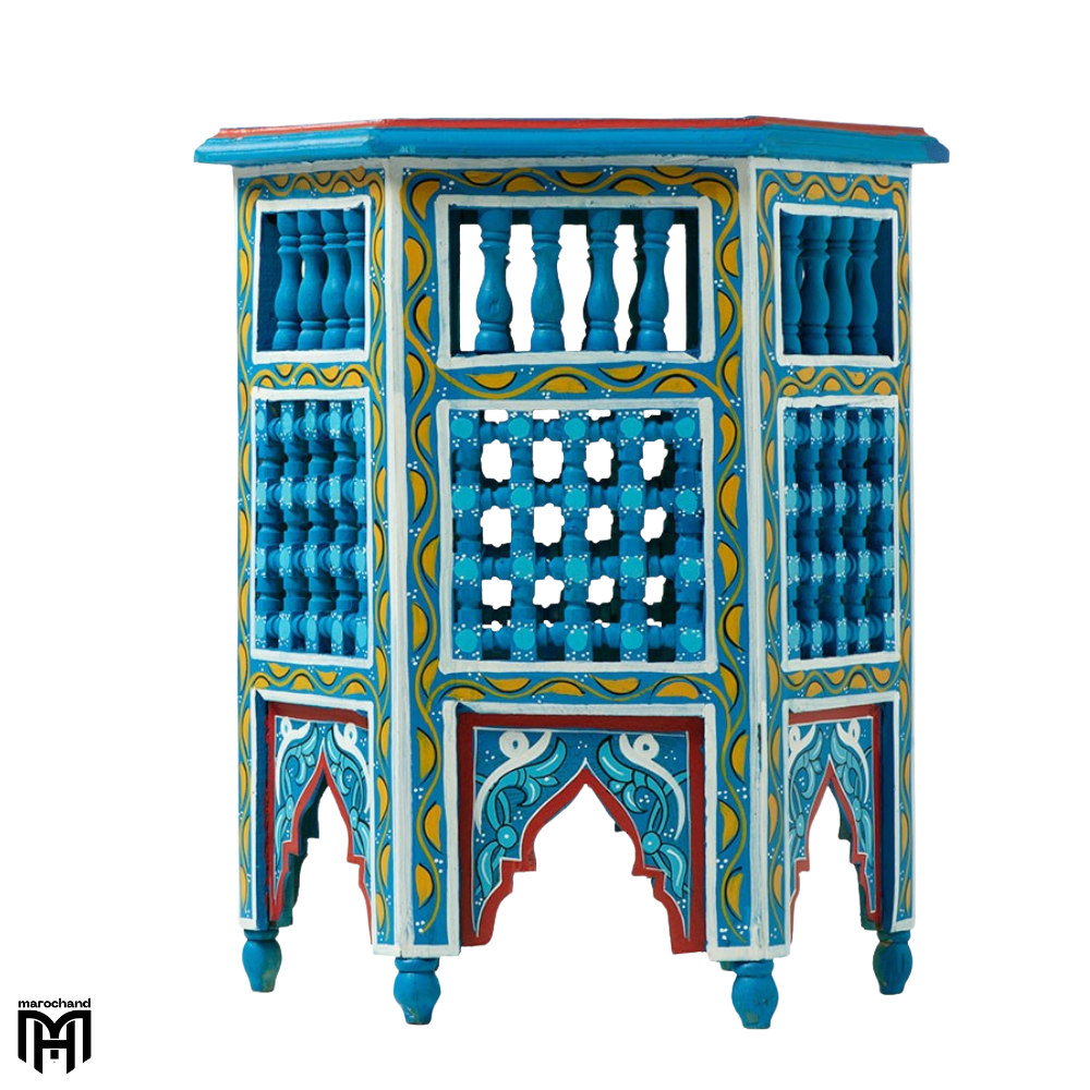 Wood Coffee Table | Moroccan Blue Hexagonal Natural Wood Table