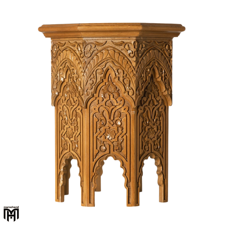 Wood Coffee Table | Moroccan Carved Octagonal Table - Natural Wood