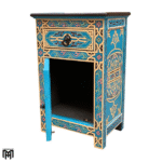 Moroccan Oriental Blue Bedside Table - Nature Wood Nightstand with Drawers