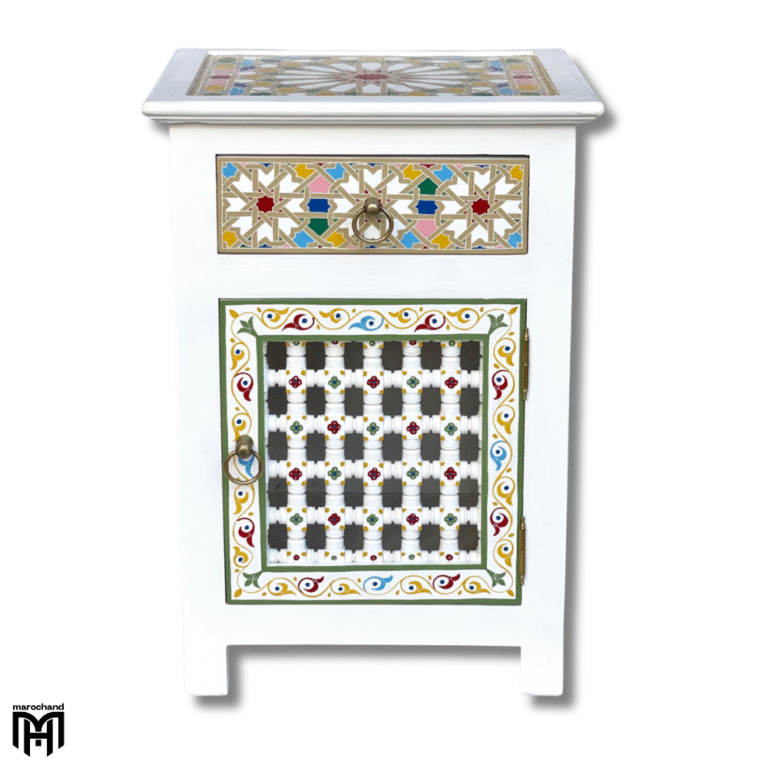 Moroccan Oriental White Bedside Table - Hand-Painted Nature Wood Nightstand