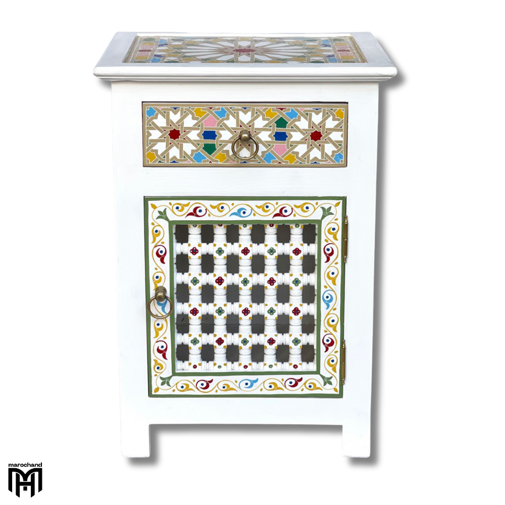 Moroccan Oriental White Bedside Table - Hand-Painted Nature Wood Nightstand