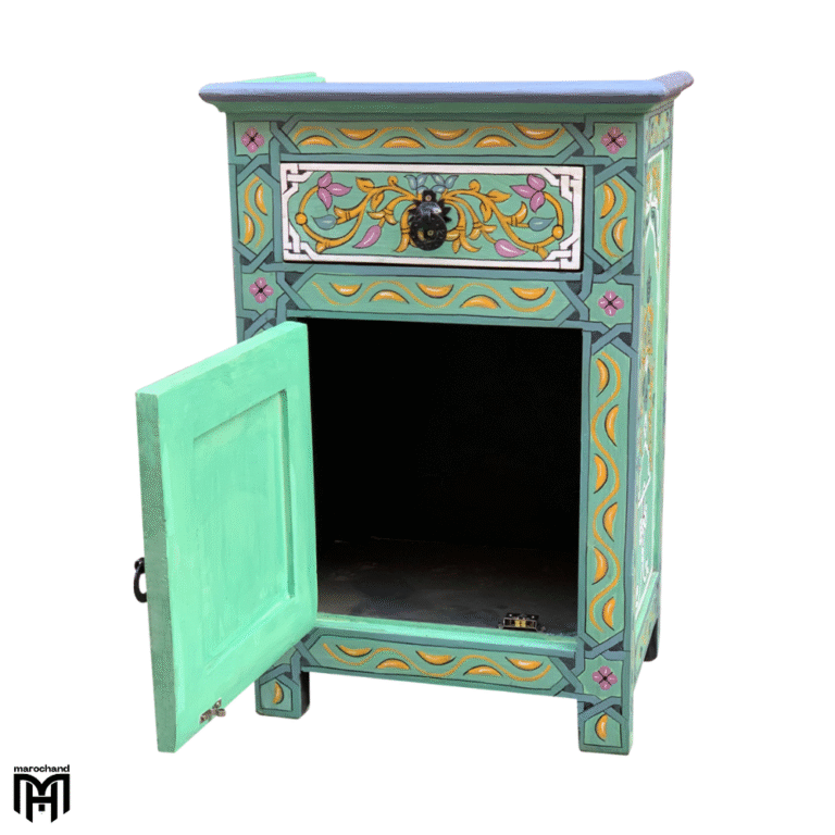 Moroccan Oriental Green Bedside Table - Handmade Nature Wood Nightstand