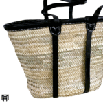 Moroccan Basket Tote Bag with Black Leather Strap - Boho Crossbody & Shoulder Bag