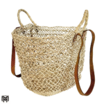 Moroccan Palm Leaf Shoulder Bag with Leather Handles - Boho Tote & Beach Bag