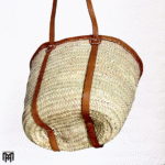 Moroccan Basket Bag with Light Brown Leather Straps - Boho Crossbody & Shoulder Bag
