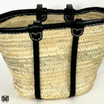 Moroccan Basket Tote Bag with Black Leather Strap - Boho Crossbody & Shoulder Bag