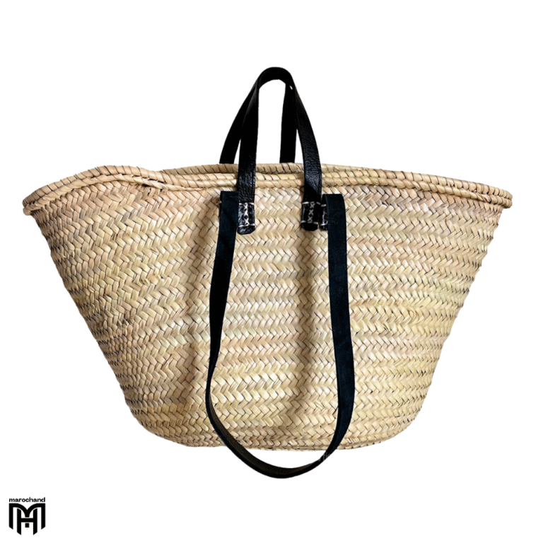 Moroccan Basket Bag with Black Leather Handles & Straps - Boho Tote & Shoulder Bag