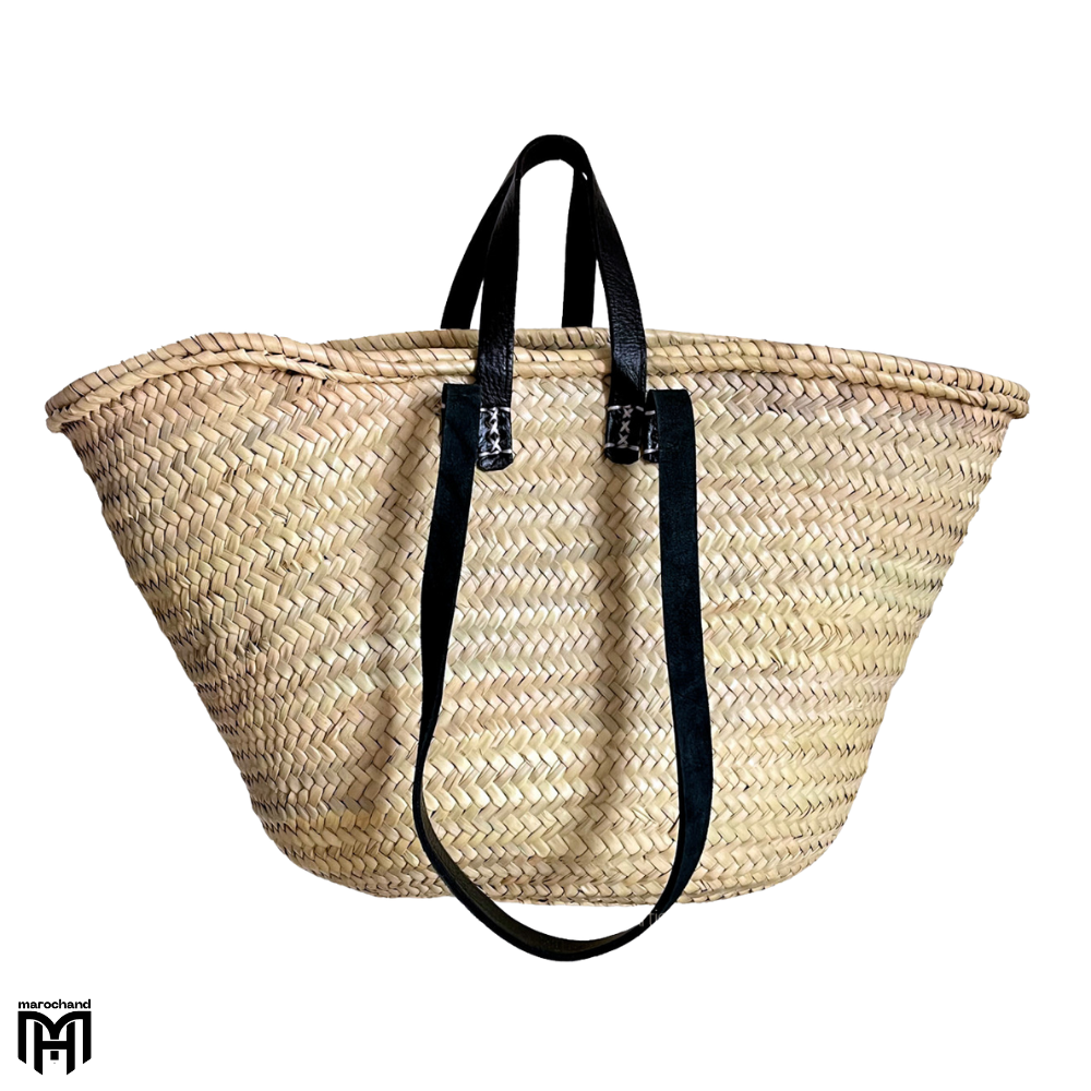 Moroccan Basket Bag with Black Leather Handles & Straps - Boho Tote & Shoulder Bag