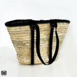 Moroccan Basket Tote Bag with Black Leather Strap - Boho Crossbody & Shoulder Bag