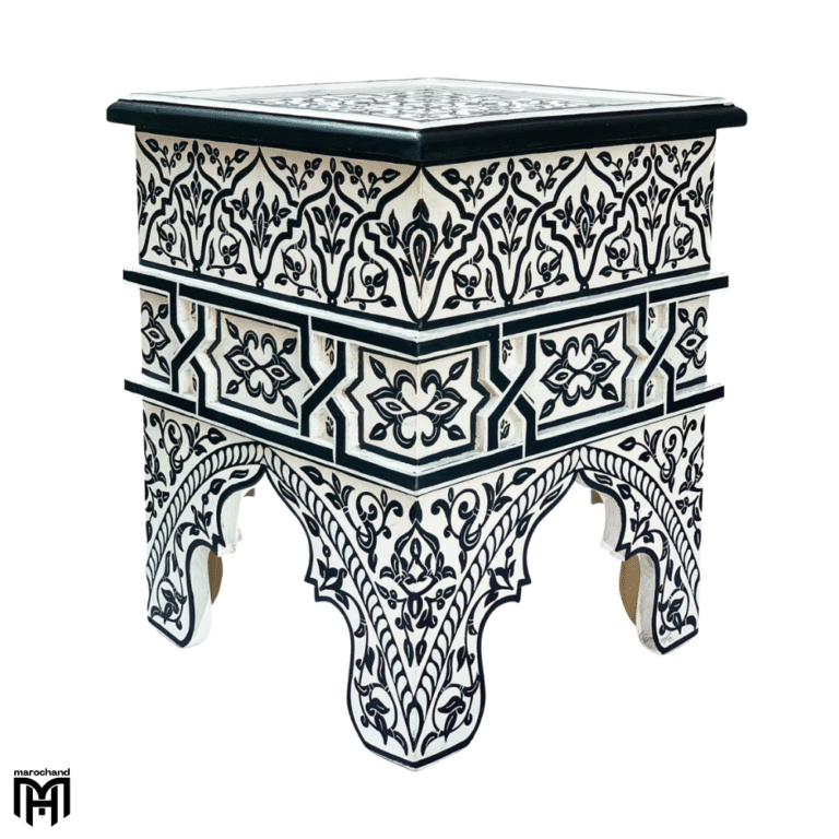 Moroccan Oriental BAHTA Side Table | Black & White Hand-Painted Wood Table