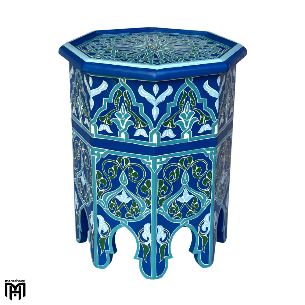 oroccan Blue Hand-Painted Side Table | Artisan Wood Coffee & Tea Table
