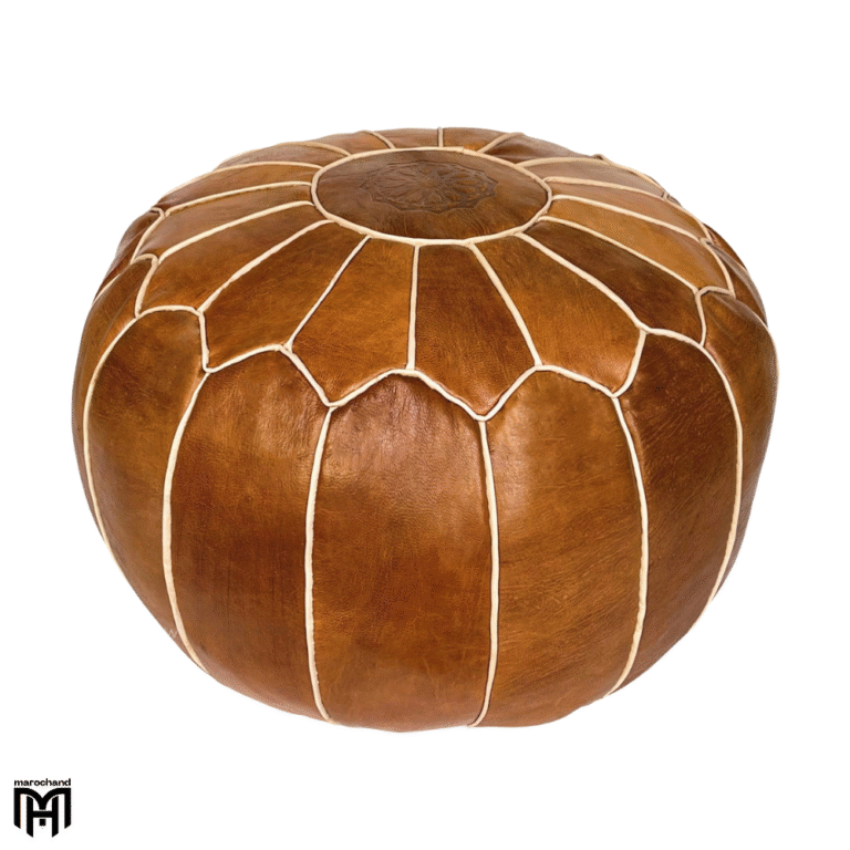 Moroccan KORA-MAR1 Leather Seat Cushion | Cognac Arabian Ottoman & Floor Pouf