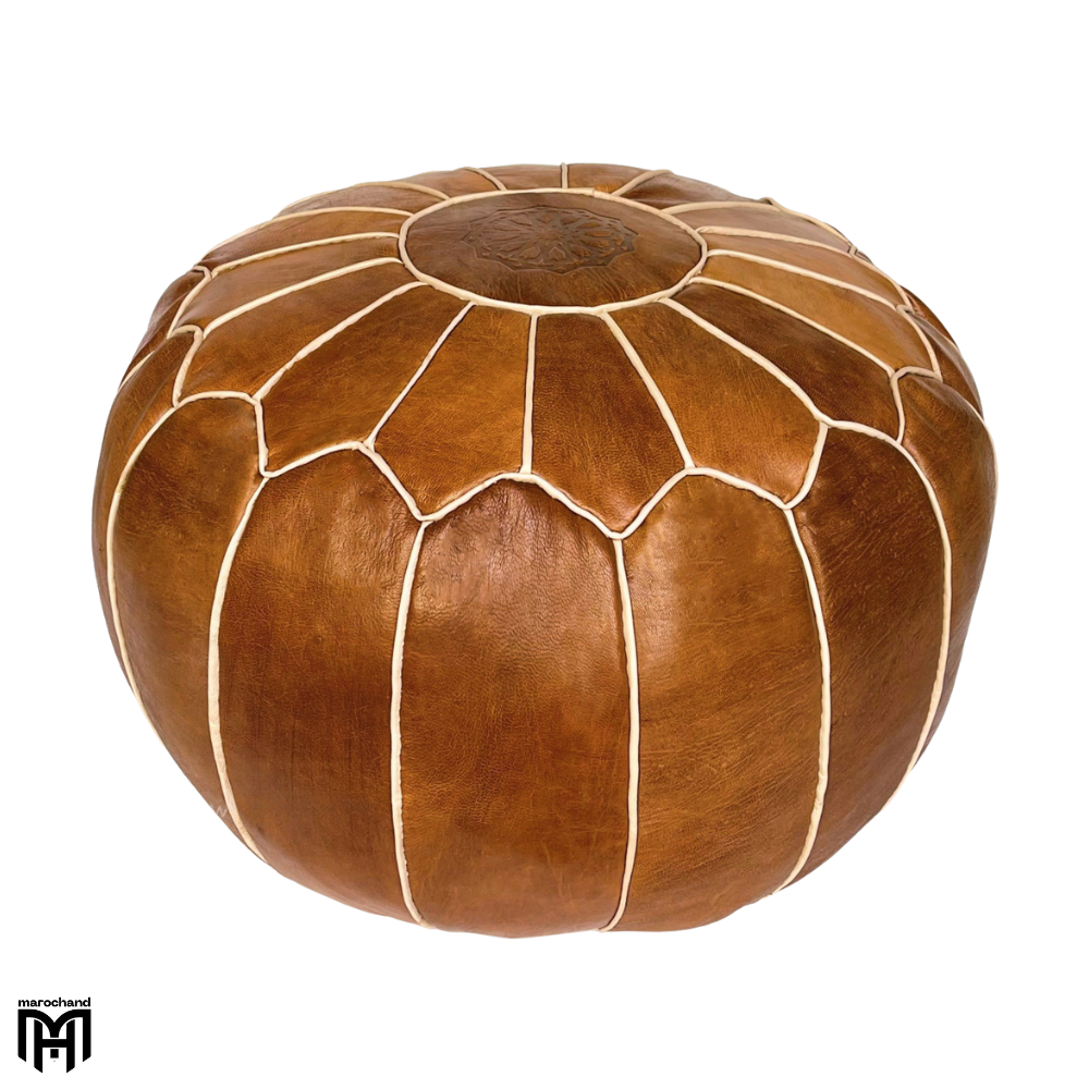Moroccan KORA-MAR1 Leather Seat Cushion | Cognac Arabian Ottoman & Floor Pouf