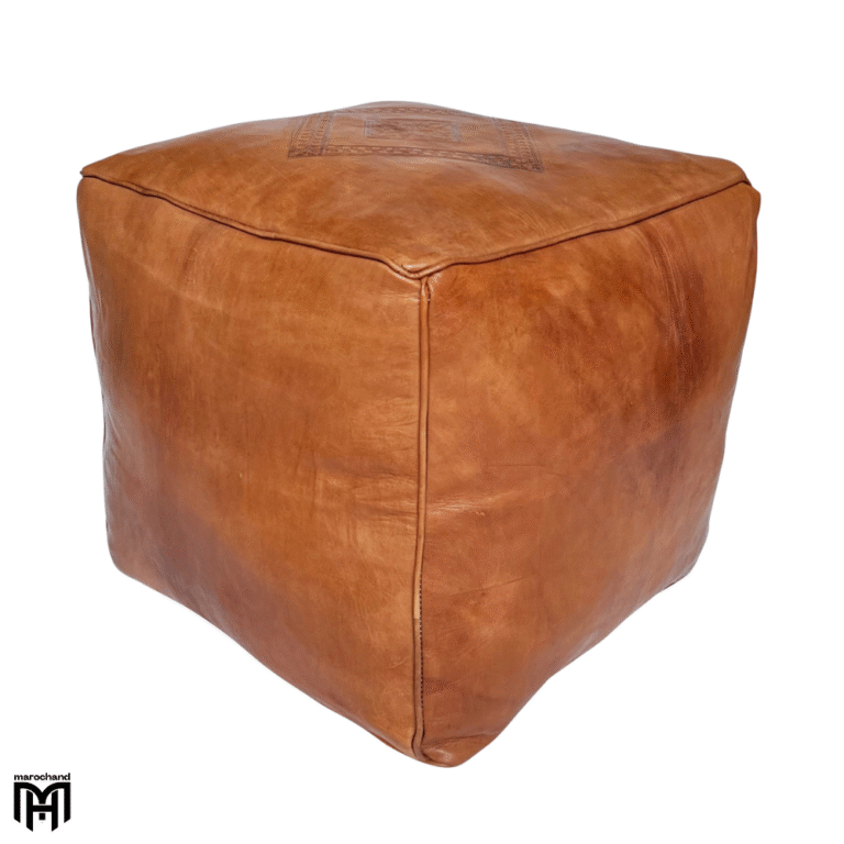 Moroccan MARRAKECH Square Leather Seat Cushion | Cognac Ottoman Pouf & Floor Seat